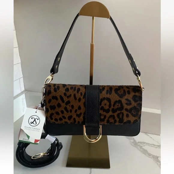 🆕 DIVINA FIRENZE 🇮🇹 Black Leather Leopard Fur Flap Shoulder/Crossbody Bag - Picture 3 of 15